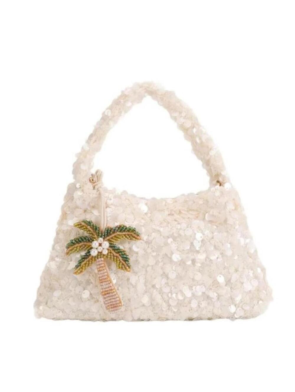 Cream Sequin Handbag with Palm Tree Charm
